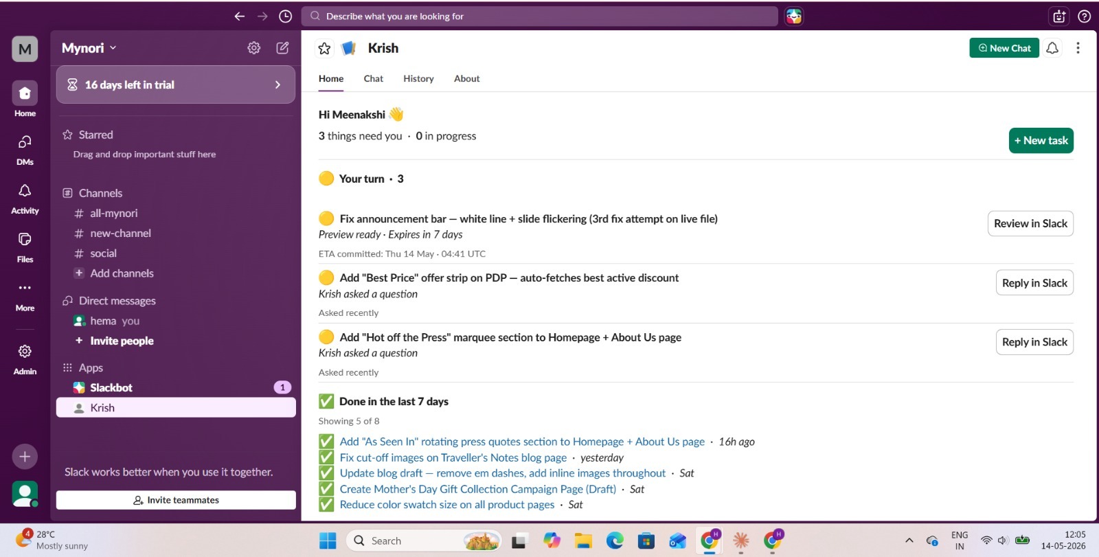 The Shotgun app showing Nori's task list: tasks that need the founder, and tasks shipped in the last seven days.