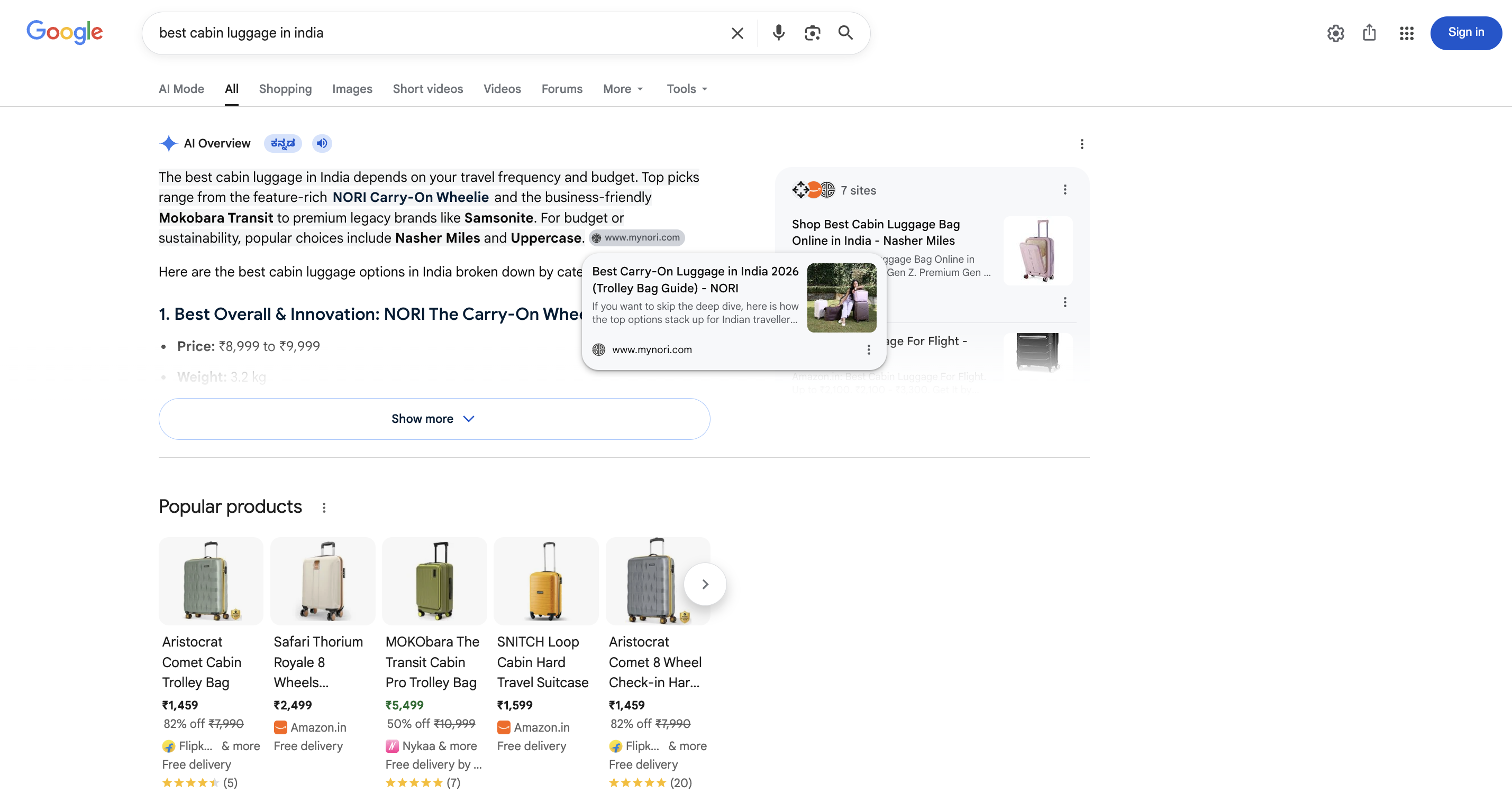 Google AI Overview for 'best cabin luggage in India' leading with Nori's Carry-On Wheelie as Best Overall, and citing Nori's guide among its sources.