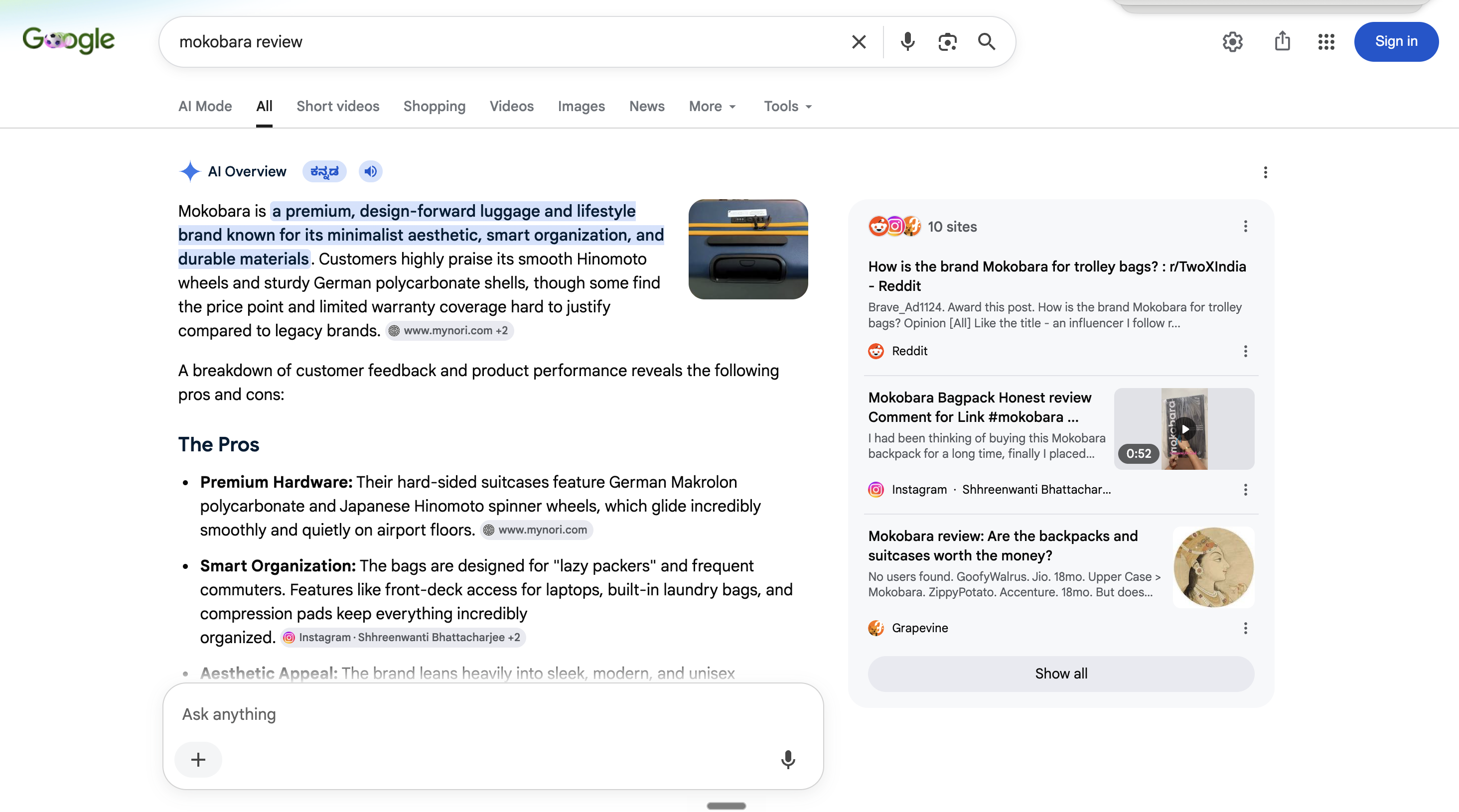 Google AI Overview for 'Mokobara review' citing Nori even on a rival's own brand search.