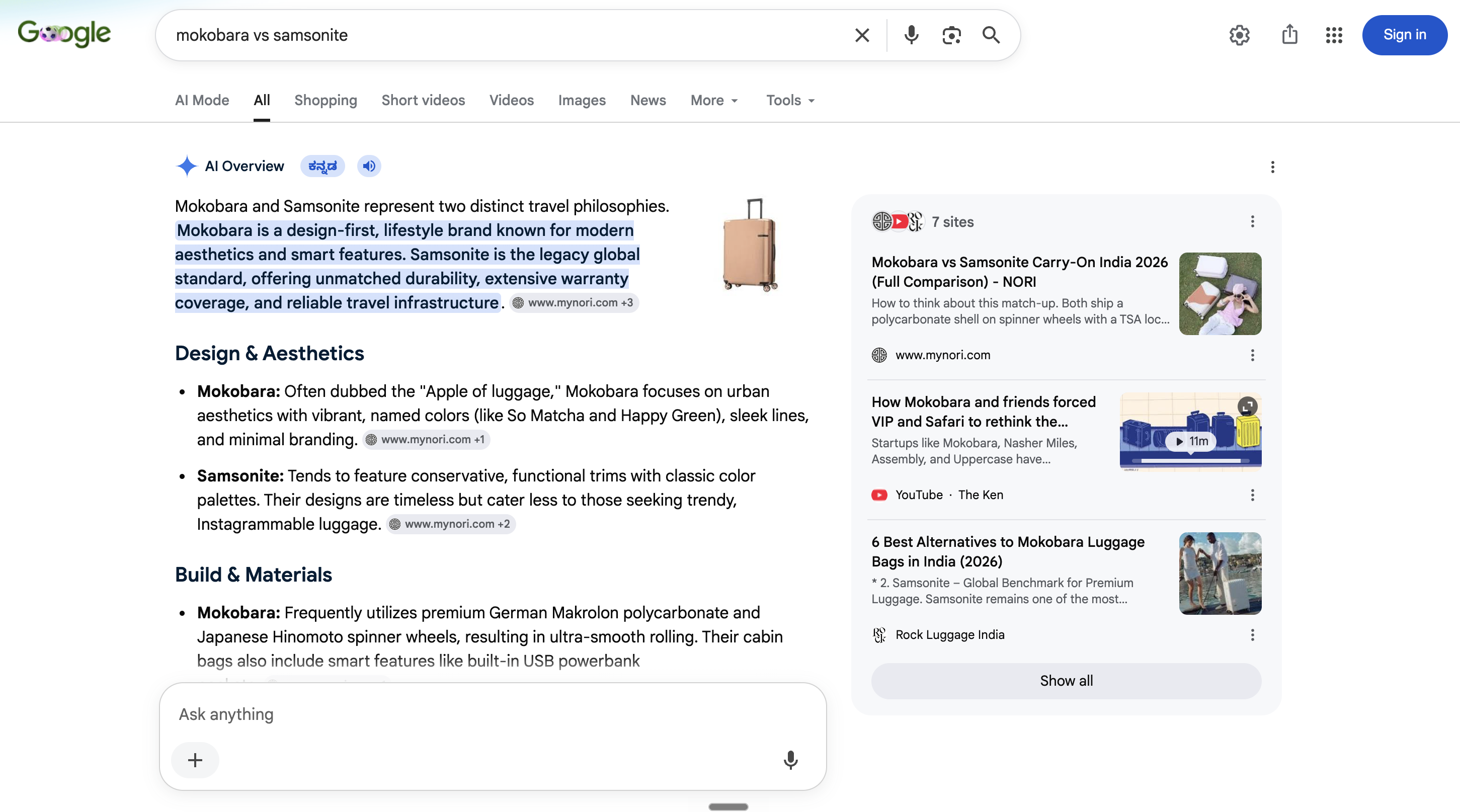 Google AI Overview for 'Mokobara vs Samsonite' citing Nori's comparison article as a source.